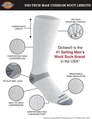 جوارب Dickies الرجالية Dri-tech Moisture Control Max Full Cushion Crew، متوفرة بمقاسات M-XL (6، 12 زوجًا) in Saudi Arabia