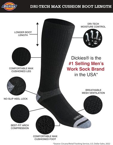 جوارب Dickies الرجالية Dri-tech Moisture Control Max Full Cushion Crew، متوفرة بمقاسات M-XL (6، 12 زوجًا) in Saudi Arabia