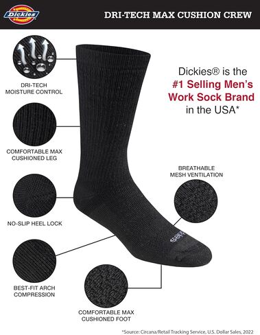 جوارب Dickies الرجالية Dri-tech Moisture Control Max Full Cushion Crew، متوفرة بمقاسات M-XL (6، 12 زوجًا) in Saudi Arabia