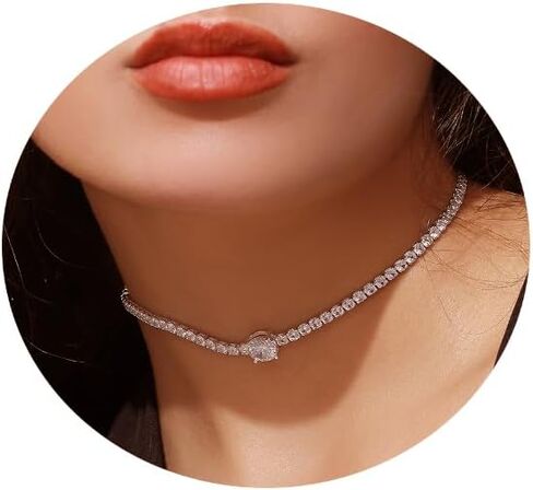 Tennis Necklaces for Women, Cubic Zirconia Necklace Dainty Silver Necklace, Sparkly Diamond Choker Necklace, Simple Everyday Jewelry Accessory for Her in Kuwait