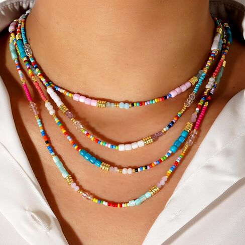 Gold Seed Beaded Necklaces for Women, Boho Handmade Adjustable Colorful Beads Choker Summer Beach Jewelry Gift. in Saudi Arabia