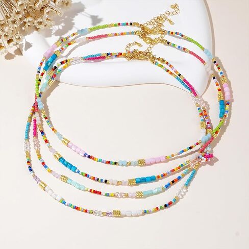 Gold Seed Beaded Necklaces for Women, Boho Handmade Adjustable Colorful Beads Choker Summer Beach Jewelry Gift. in Saudi Arabia