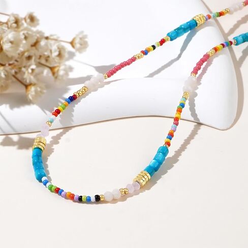 Gold Seed Beaded Necklaces for Women, Boho Handmade Adjustable Colorful Beads Choker Summer Beach Jewelry Gift. in Saudi Arabia