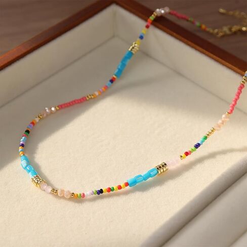Gold Seed Beaded Necklaces for Women, Boho Handmade Adjustable Colorful Beads Choker Summer Beach Jewelry Gift. in Saudi Arabia