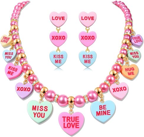 CEALXHENY Valentine’s Day Necklace Earrings for Women LOVE XOXO Conversation Heart Choker Necklace Pink Chunky Link Chain Necklace Valentine’s Day Outfits Jewelry Gifts Party Favors in Kuwait