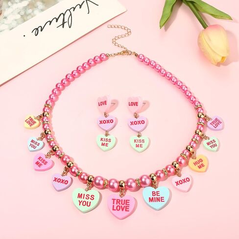 CEALXHENY Valentine’s Day Necklace Earrings for Women LOVE XOXO Conversation Heart Choker Necklace Pink Chunky Link Chain Necklace Valentine’s Day Outfits Jewelry Gifts Party Favors in Kuwait