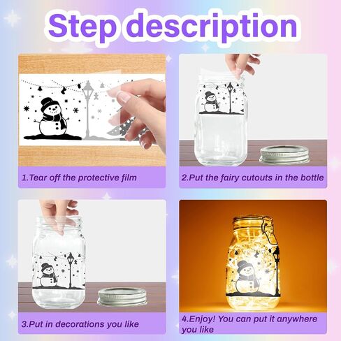 CREATCABIN 6PCS Christmas Silhouettes Cutouts Mason Jar Cutouts Lamp Film Santa Claus Snowflakes Scrapbook Waterproof PVC Lantern Jar Decoration for Wall Windows Frosted Glass Jars Crafts 3.5x7.9in in Kuwait