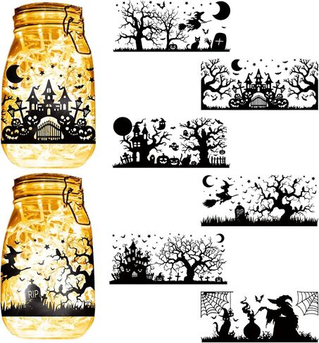 CREATCABIN 6PCS Christmas Silhouettes Cutouts Mason Jar Cutouts Lamp Film Santa Claus Snowflakes Scrapbook Waterproof PVC Lantern Jar Decoration for Wall Windows Frosted Glass Jars Crafts 3.5x7.9in in Kuwait