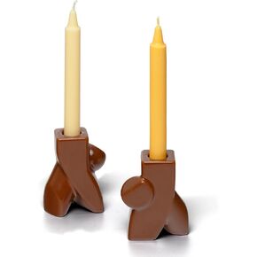 Candlestick Holders Ceramic Set of 2, Taper Candle Holders for Candlesticks Brown Candle Holders Decor with Abstract Vintage Farmhouse Candle Holders for Home Office Table Decor