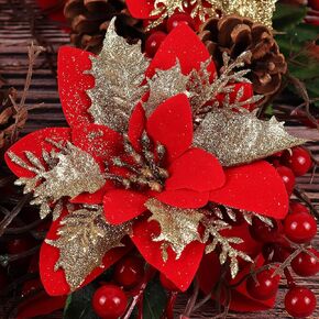 RECUTMS 10 Pcs Christmas Glitter Artificial Poinsettia Flowers 6inch Christmas Wreath Christmas Tree Flowers Ornaments Holiday Seasonal Decorations (Gold, 6inch)