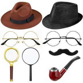 Jeyiour 8 Pcs Detective Costume Accessories for Adults Men Women Detective Hat Detective Kit Detective Outfit Party Decor