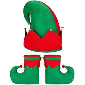 Christmas Elf Costume Sets Xmas Holiday Elf Felt Hat Elf Shoes Christmas Costume Headband for Boys or Girls