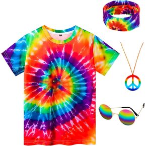 Boys 60s 70s Outfits 4 Pcs Hippie Costume Accessories Kids Colorful Tie Dye Tshirt for Theme Party
