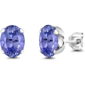 Gem Stone King 14K White Gold Blue Tanzanite Stud Earrings For Women Men (2.32 Cttw, Gemstone Birthstone, Oval 8X6MM)