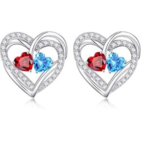 Iefil 925 Sterling Silver Double Birthstone Earrings, Heart Birthstone Earrings Stud Earrings, Anniversary Birthday Gifts for Women Christmas Valentines Gifts for Her Wife Girlfriend Mom