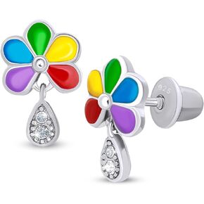 925 Sterling Silver Daisy Colored Stud Earrings for Girls Hypoallergenic Safety Screw Back Rhodium Plated - Daisy Colored Gifts Earrings for Baby Toddlers Little Teens Kids Earrings Jewelry