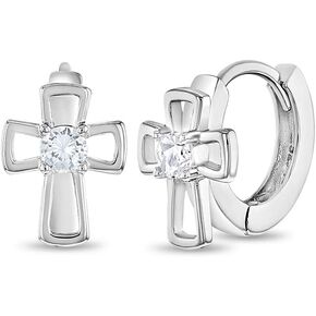 925 Sterling Silver Clear Cubic Zirconia Open Cross Huggie Hoop Earrings For Little Girls & Young Teens 11mm - Adorable Religious Gift Perfect For Christening & Baptism