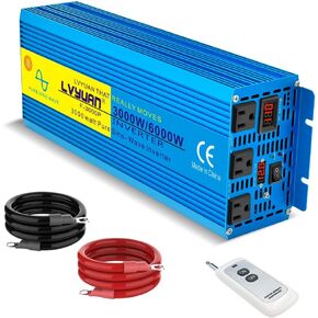 LVYUAN 3000 Watt Inverter Pure Sine Wave Inverter 12V to 110V DC to AC with 3 AC Sockets, LED Display, Wireless Remote Control, Car Power Inverter for Vehicles Home RV Camping Truck Solar System