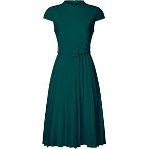 Women's Pleated Dress Mock Neck Cap Sleeve Belted A-Line Dresses