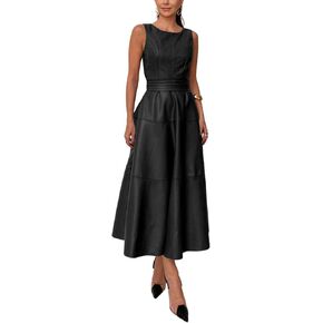CHARTOU Women PU Faux Leather Sleeveless Elegant Flowy Long Dress Party Night Out Dress with Belt in Kuwait