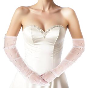 1 Pair Pearl Tulle Gloves Long Wedding Tulle Gloves Elegant Bridal Gloves Sheer Lace Tulle Gloves for Girls Women