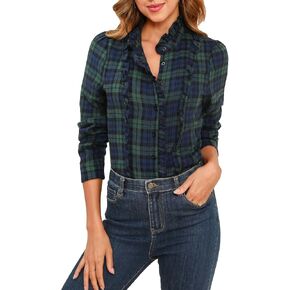 Women's Plaid Button Down Tops Ruffle Collar Tartan Blouse Casual Long Sleeve Cotton Shirts