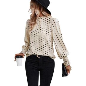 Women's Polka Dots Blouse Puff Ruffle Long Sleeve Shirts Tops 2024 Fall Pleated Front Frill Trim Mock Neck Tunic Top-Khaki+Black Point-L