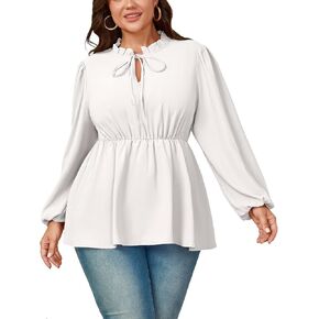 Womens Plus Size Blouse Tops Long Sleeve Tie Front Work Tops Dressy Casual Flowy Ruffle Peplum Tops for Women