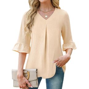 3/4 Length Sleeve Womens Tops Dressy Casual V Neck Tunic Shirts Ruffle Sleeve Loose Fit Business Work Blouses