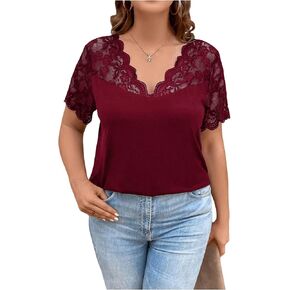 OYOANGLE Women's Plus Size Summer Lace Scallop V Neck Short Sleeve Blouse Shirt Tops