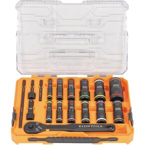 Klein Tools 65626 KNECT Flip Socket Set, Deep-Well Impact Sockets, 3/8-Inch Drive Ratchet, 24 SAE and Metric Socket Sizes, MODbox Case, 18-Piece