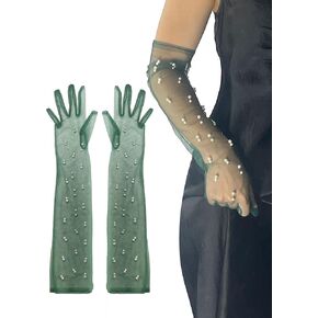 Sheer Lace Opera Long Gloves Pearl Women Formal Tulle Elbow Length Gloves Costume - Evening Dress Accessory