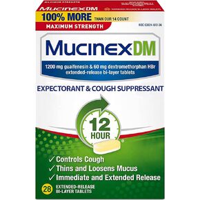 Mucinex DM Maximum Strength 12-Hour Expectorant and Cough Suppressant Tablets, 28 Count