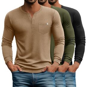 Neer 3 Pack Men's Henley Button T-Shirts, Long Sleeve Printed Pocket Shirts Loose Fit Casual Pullover Basic Tees Tops