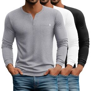 Neer 3 Pack Men's Henley Button T-Shirts, Long Sleeve Printed Pocket Shirts Loose Fit Casual Pullover Basic Tees Tops