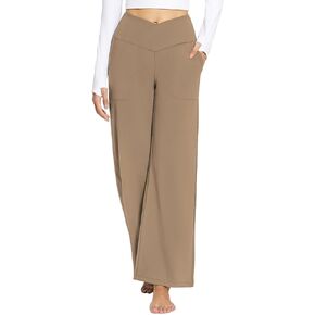 BALEAF Women's Wide Leg Yoga Pants Crossover High Waist Loose Pants with Pockets Casual Lounge Stretch Long Travel Work Pants