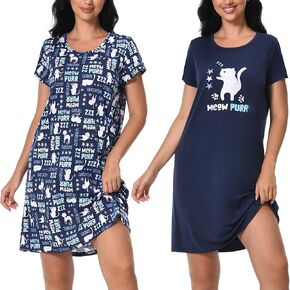 2 Pack Nightgowns for Women Soft Cotton Print Nightshirts Womens Nightgown Short Sleeve Sleepwear
