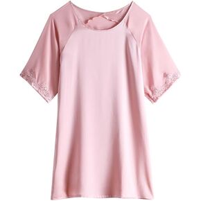 Ginell Women's 100% Silk Nightgown Short Sleeve Shirt Casual Dress and Night Shirt Lace, Silk Sleep Shirt