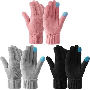 3 Pairs Women's Touchscreen Winter Gloves Knit Glove with 2 Touch Screen Fingers, Soft Thick Fleece Lined, Warm Touch Screen Texting Gloves for Women Girls Cold Weathe