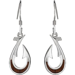 Sterling Silver Natural Koa Wood Barbed Fish Hook Dangle Hook Earrings