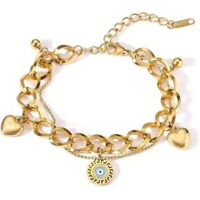 Celestara Stainless Steel Evil Eye Charm Bracelet for Women - 18K Gold Plated Double-Layer Heart Bracelets with Adjustable Hand Chain Design - Gift Box Included