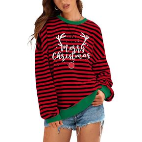 MYHALF Christmas Sweatshirts for Women 2024 Ugly Merry Christmas Shirt Crewneck Xmas Holiday Sweaters Oversized Striped Tops