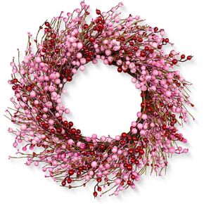 Valentines Day Wreath 22 Inch Valentines Day Wreaths for Front Door Artificial Valentines Day Door Wreath with Pink and Red Berries for Valentine's Day Anniversary Wedding Decor