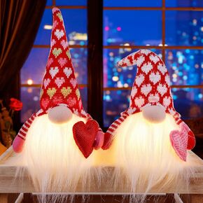 Juegoal 2 Pack Lighted Valentines Gnomes Plush Decorations, Handmade Mini Scandinavian Swedish Tomte, Light Up Elf Holiday, Battery Operated Valentine's Day Gift Tabletop Ornament