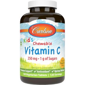 Carlson - Kid's Chewable Vitamin C, 250 mg, 1 g of Sugars, Immune Support & Optimal Wellness, Antioxidant, Tangerine, 120 Vegetarian Tablets