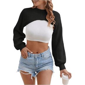 GORGLITTER Women's Cropped Sweater Mock Neck Bishop Sleeve Long Sleeve Knit Shrug Top