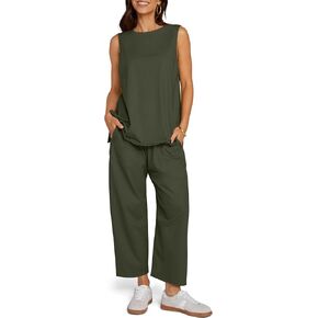 UEU Women's Summer 2 Piece Outfits Casual Sleeveless Crew Neck Tank Top Cropped Harem Pants Matching Travel Beach Lounge Sets