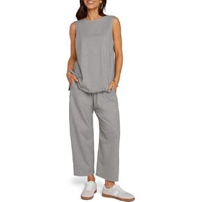 UEU المرأة الصيف 2 قطعة وتتسابق عادية أكمام طاقم الرقبة تانك القمم اقتصاص سراويلي حريمي مطابقة السفر صالة الشاطئ مجموعات in Kuwait