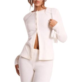 Women's Button Front Long Sleeve T Shirt Crew Neck Ribbed Knit Cardigan Open Front Slim Fitted Casual Tops