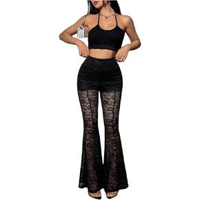 WDIRARA Women's Sexy Lace Mesh Flare Bell Bottom Pants Elastic Waist See Through Pants Stretchy Trousers